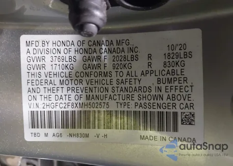 2021 Honda Civic Sport из США, поврежденный, VIN 2HGFC2F8XMH502575